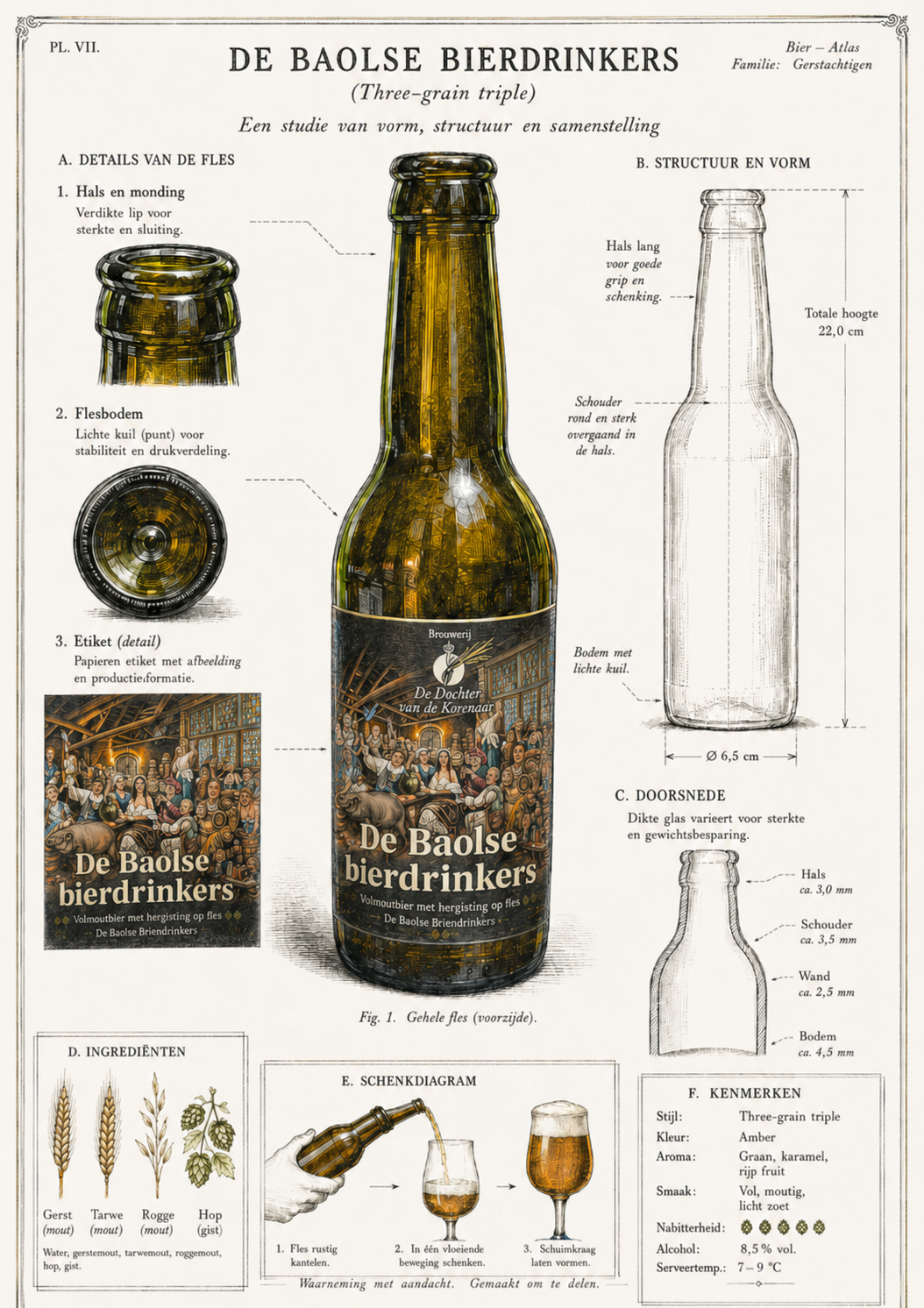 Atlas-plaat VII — studie van vorm, structuur en samenstelling van de fles De Baolse Bierdrinkers, met details van hals, bodem, etiket, ingrediënten en schenkdiagram